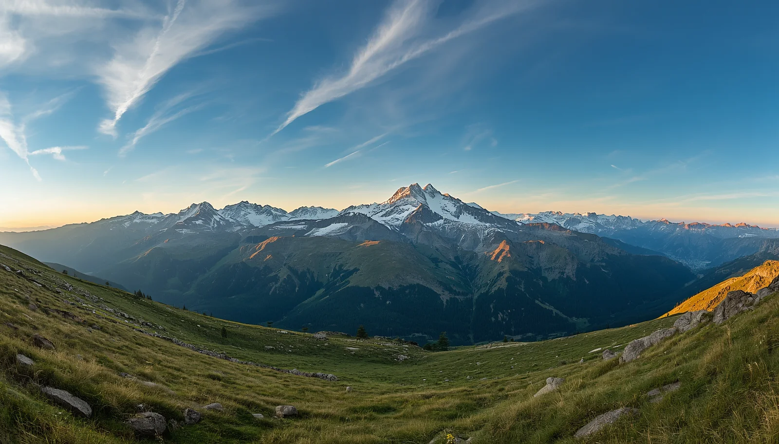 Panorama de l'Oisans au coucher du soleil